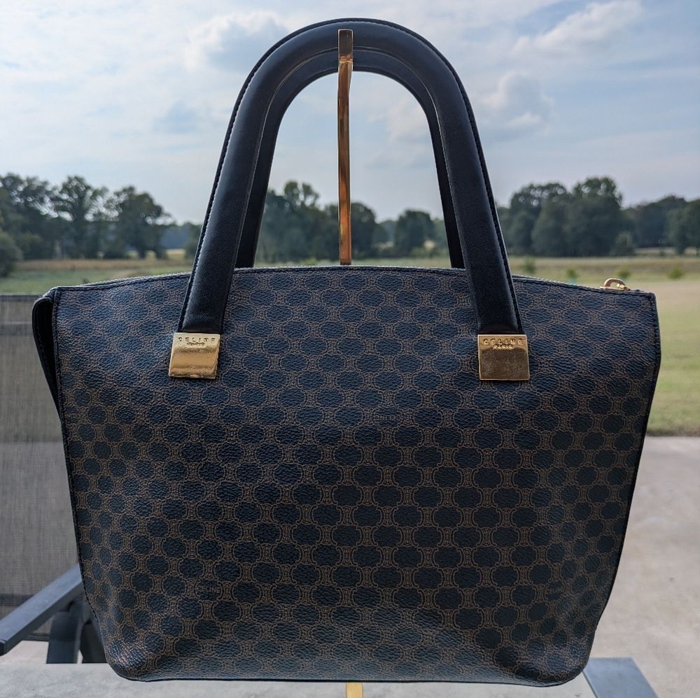 Celine GUC Black Macadam Coated Canvas Zip Top MC97/2 Satchel Purse With Dustbag - Picture 7 of 17